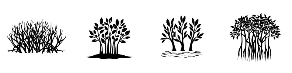 Poster - Various black icons depicting different types of shrubs and trees suitable for graphic design projects or nature illustrations