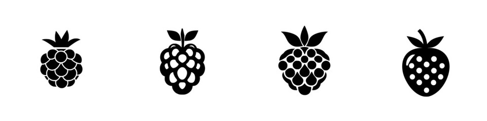 Poster - Collection of black fruit icons showcasing various styles and designs of berries against a clean white background