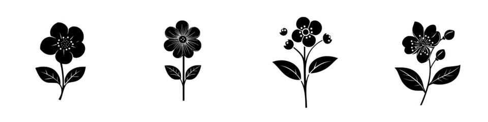 Poster - Floral black icons displaying various flower designs with leaves arranged artistically for graphic use