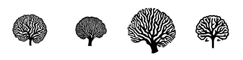 Poster - Stylized black tree icons representing various designs and shapes for graphic use