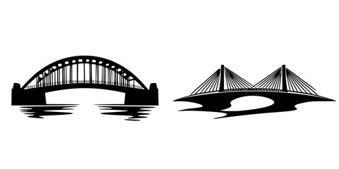 Poster - Two distinct black bridge icons showcasing various architectural styles in minimalist design for graphic use or logo creation