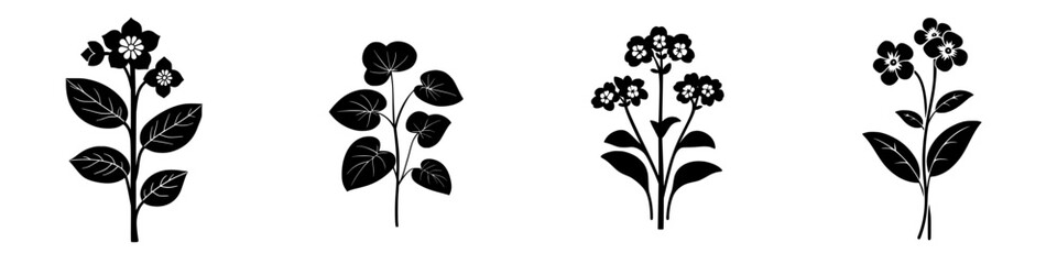Poster - Collection of black floral icons showcasing various plant designs with intricate details and unique leaf shapes