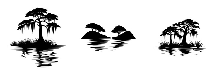 Poster - Black icon depicting trees reflecting in water, showcasing nature's tranquility and beauty in a minimalist design