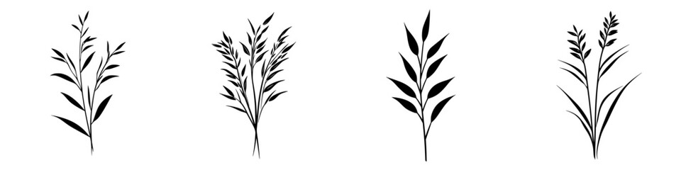 Poster - Various black plant icons displaying different leaf shapes and arrangements for design or illustration purposes in a minimalistic style
