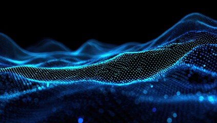 Poster - Abstract digital landscape of glowing blue particles forming undulating waves across a dark background.