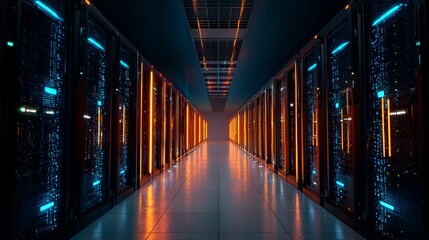 Poster - Inside the server room showcasing high tech data center infrastructure with vibrant lights and efficient performance systems.