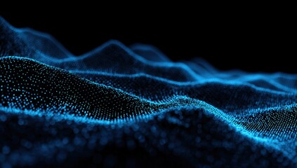 Poster - Abstract digital landscape of glowing blue particles forming undulating waves across a dark background, evoking a sense of futuristic technology and