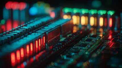 Poster - Intricate electronic components glow with vibrant colors, illuminating the complex world of technology and futuristic innovation.