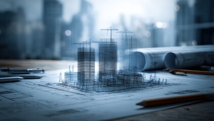 Poster - Blueprint of futuristic skyscrapers under construction, detailed architectural design on a table with pencils and tools.
