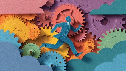 Poster - Businessman Runs Through Colorful Interlocking Gears, Representing Progress and Innovation