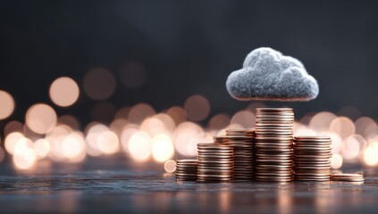 Poster - Cloud Computing Financial Growth: Stacks of coins rise beneath a fluffy cloud symbolizing digital wealth and prosperity.