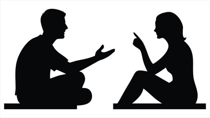 Poster - Two people having a conversation, one gesturing with open hands and the other pointing a finger, presented in a clean black and white silhouette style