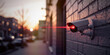 © DIVGRADCURL - Videocamera di sorveglianza con raggio di luce rossa sulla parete di un edificio urbano