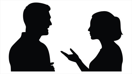 Poster - A man and a woman in profile are engaged in a conversation, with the woman gesturing with her hands, presented in a clean black and white silhouette style