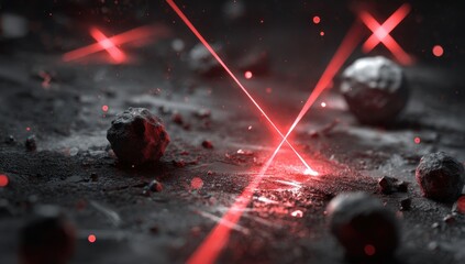 Poster - Crimson Laser Beams Intersect Across a Dark, Rocky , Creating a Futuristic, Sci-Fi Scene