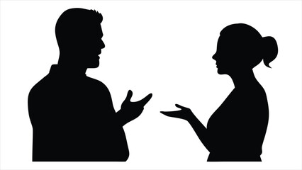 Poster - Two people in silhouette facing each other with open hands gesturing in conversation or explanation isolated on a white background representing communication and dialogue