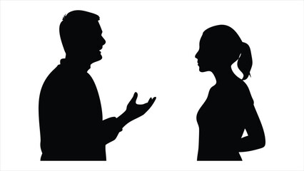 Poster - A man and a woman in silhouette engaged in a conversation, with the man gesturing with his hands as they talk silhouette