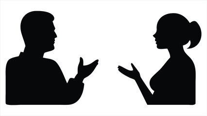 Poster - Two people in silhouette facing each other with open hands gesturing in conversation or explanation isolated on a white background representing communication and dialogue