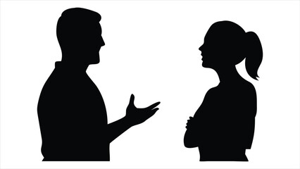 Poster - A man and woman in silhouette engaged in a conversation, with the man gesturing and the woman listening with arms crossed, representing communication and discussion silhouette