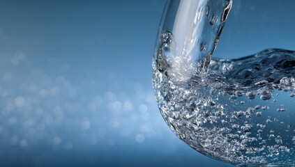 Poster - Crystal-clear water pours into a glass, creating a mesmerizing cascade of bubbles and ripples against a soft blue bokeh background.