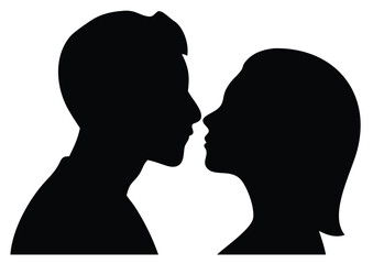 Poster - Close-up profile silhouette of a man and woman facing each other with noses almost touching, representing intimacy, connection, and romance in a minimalist-style silhouette
