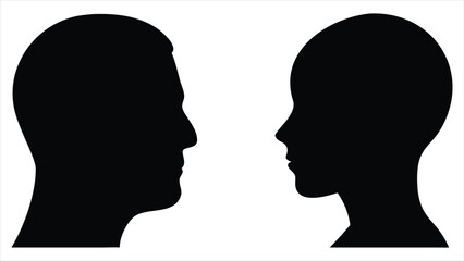 Poster - Two human head profiles facing each other in a stark black and white silhouette representing connection communication or contrast between two individuals
