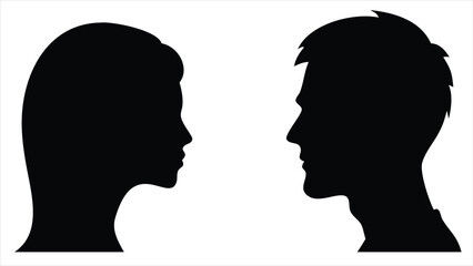 Poster - Two distinct black silhouettes of a woman and a man facing each other in profile against a clean white background symbolizing connection and communication silhouette