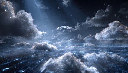 Poster - Ethereal Nightscape: Digital Networks Woven Through Celestial Clouds