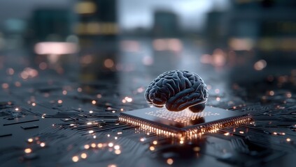 Poster - Futuristic Brain Power: A digital brain rests on a glowing circuit board, symbolizing artificial intelligence and technological advancement.