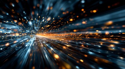 Poster - Abstract data stream explodes in light; technology races toward future and information speeds through fiber optics