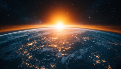 Wall Mural - breathtaking view of earth from space at sunrise, cosmic wonders and celestial light rays unfolding