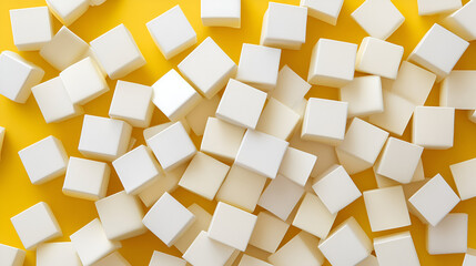 Poster - Many white cubes are scattered randomly on a yellow background