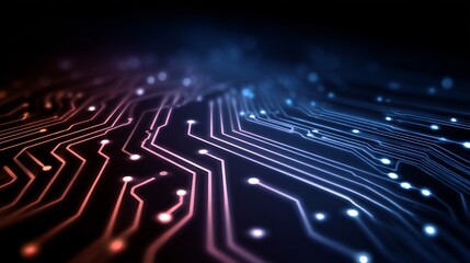 Fototapete - Abstract technology background showcasing detailed circuit board design with glowing neon lights and futuristic digital connection