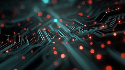 Fototapete - Abstract technology rendering of circuit board with illuminated connections hinting at digital pathways and network activity.