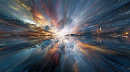 Poster - A dazzling cosmic burst of light creating vibrant colors resembling a cityscape reflected upon rippling waters, creating an abstract landscape.