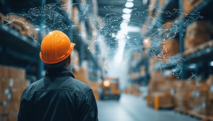 Poster - Global Logistics Network: A Construction Worker Contemplates Worldwide Connectivity in a Modern Warehouse