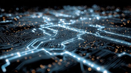 Fototapete - Glowing futuristic circuit board with bokeh, abstract technology, interconnected system, artificial intelligence, and electronic connectivity, dark background, and brilliant illumination.
