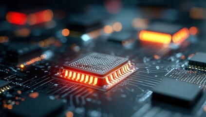 Poster - Glowing Central Processing Unit on a Circuit Board, High-Tech Digital Technology Closeup