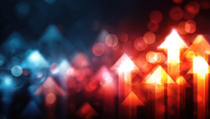 Poster - Glowing upward arrows surge through a bokeh backdrop of vibrant red and blue lights, symbolizing growth and progress.