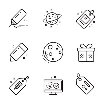 Collection of simple outline icons depicting creative tools and celestial objects in black and white