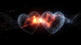 Glowing wire mesh hearts connected by magical energy spark in dark space, symbolizing passionate connection and digital love visualization. Perfect for romance themes.