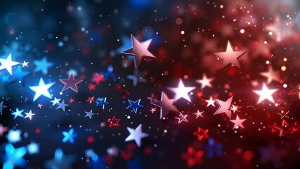Poster - Red and blue stars and bokeh with shining particles. Patriotic holiday background for event or celebration.