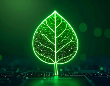 Glowing green leaf graphic on dark background
