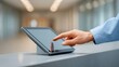 © Nitchalee N. - Biometric access for healthcare, A person interacts with a tablet device on a smooth surface in a modern, softly lit indoor environment.