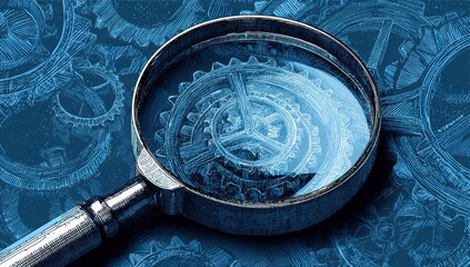 Poster - Magnifying Glass Reveals Intricate Gear Mechanism, Symbolizing Precision and Detailed Analysis