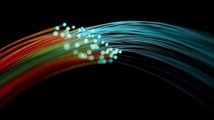 Poster - Colorful fibre optic cables, showcasing high-speed internet, data transmission, and network infrastructure against a stark black background.