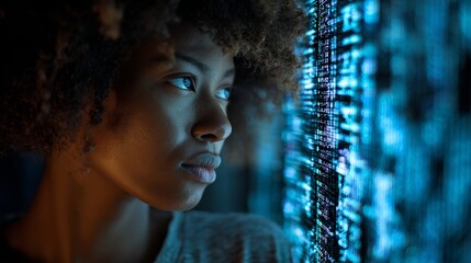 Fototapete - Pensive woman studies glowing data streams, digital information reflecting in her eyes, the future of tech is here.