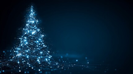 Poster - Glowing network Christmas tree against dark blue backdrop creating a modern holiday feel for digital platforms and seasonal greetings.