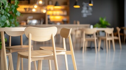 Poster - Elegant and Cozy Interior Dining Room with Wooden Chairs and Tables in a Light Design Cafe Space