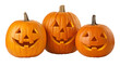 © Png Stock Pro - Three bright orange carved pumpkins glow with warm light, showing happy faces, isolated on a transparent PNG background for easy use.